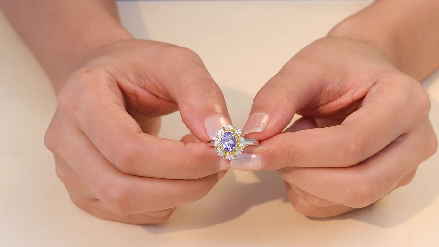 D'Joy Tanzanite, White and Yellow Diamond  (0.40 cts) Ring in Rhodium Over Sterling Silver (Size 7.0) 1.55 ctw