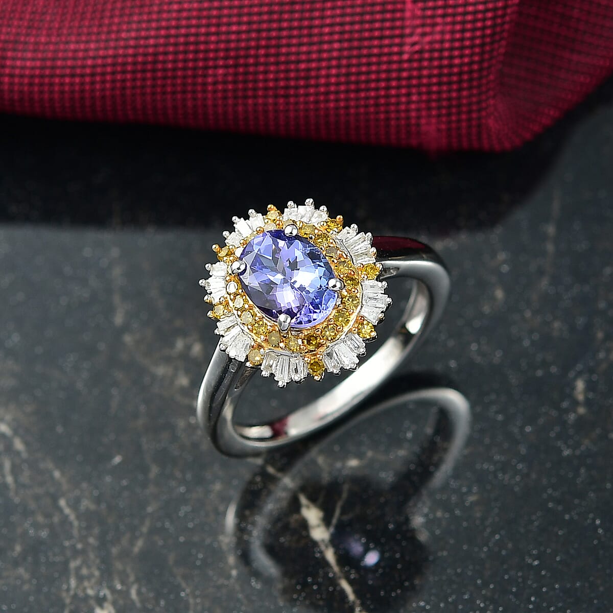 D'Joy Tanzanite, Yellow and white Diamond Sunburst Ring in Rhodium Over Sterling Silver 1.50 ctw (Size 6.0) image number 1