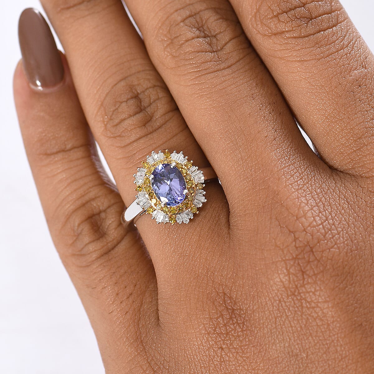 D'Joy Tanzanite, Yellow and white Diamond Sunburst Ring in Rhodium Over Sterling Silver 1.50 ctw (Size 6.0) image number 2