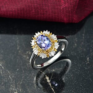 D'Joy Tanzanite, Yellow and white Diamond Sunburst Ring in Rhodium Over Sterling Silver 1.50 ctw (Size 7.0)