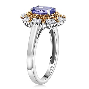 D'Joy Tanzanite, Yellow and white Diamond Sunburst Ring in Rhodium Over Sterling Silver 1.50 ctw (Size 7.0)