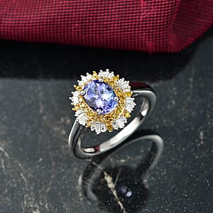 D'Joy Tanzanite, Yellow and white Diamond Sunburst Ring in Rhodium Over Sterling Silver 1.50 ctw (Size 8.0)