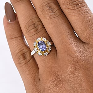 D'Joy Tanzanite, Yellow and white Diamond Sunburst Ring in Rhodium Over Sterling Silver 1.50 ctw (Size 8.0)