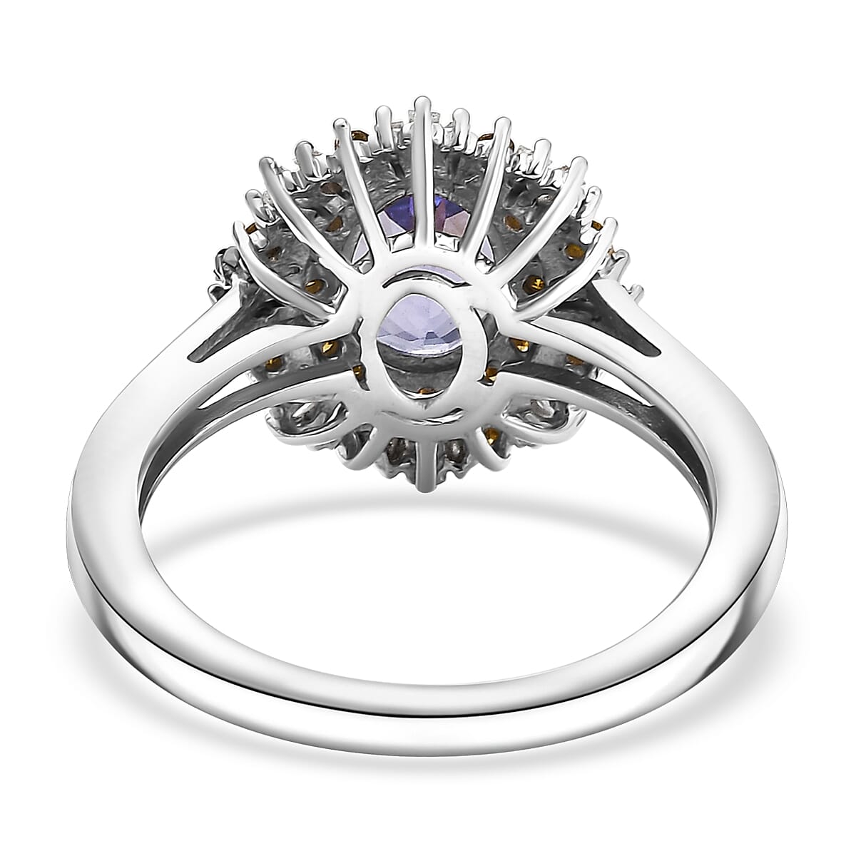 D'Joy Tanzanite, Yellow and white Diamond Sunburst Ring in Rhodium Over Sterling Silver 1.50 ctw (Size 8.0) image number 4