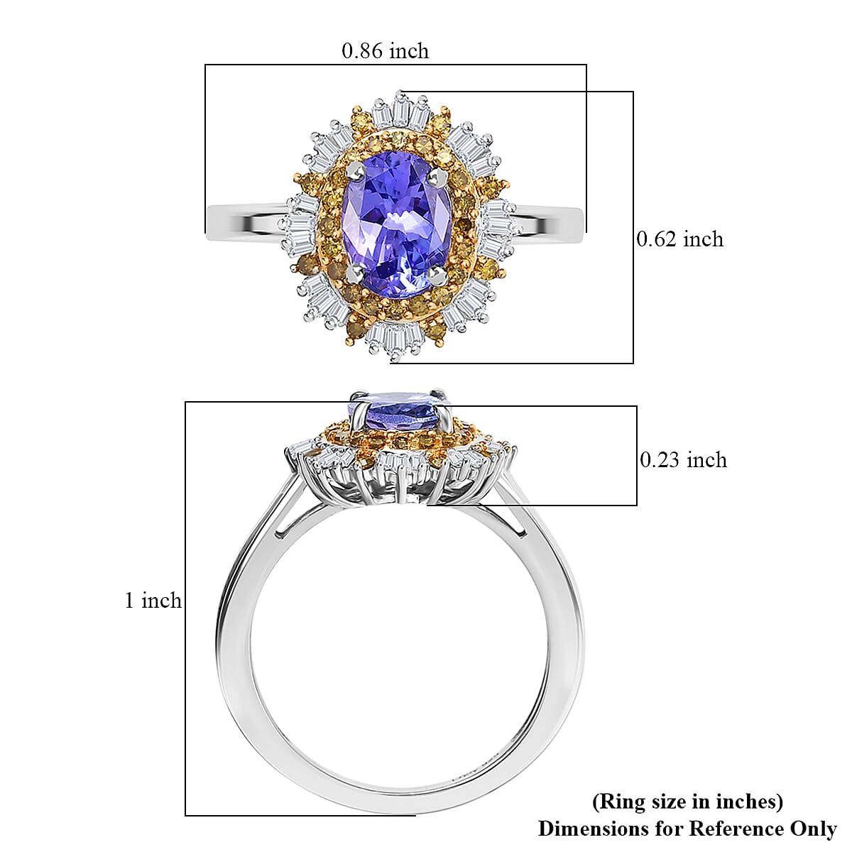 D'Joy Tanzanite, Yellow and white Diamond Sunburst Ring in Rhodium Over Sterling Silver 1.50 ctw (Size 9.0) image number 5