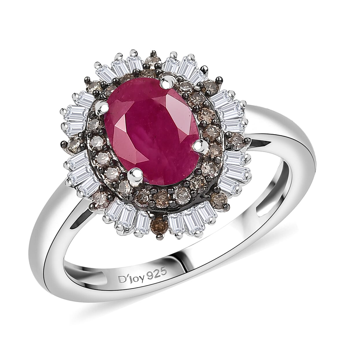 D'Joy Royal Ruby, Natural Champagne and White Diamond 1.25 ctw Ring in Rhodium Over Sterling Silver (Size 7.0) image number 0