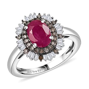 D'Joy Royal Ruby, Natural Champagne and White Diamond 1.25 ctw Ring in Rhodium Over Sterling Silver (Size 7.0)