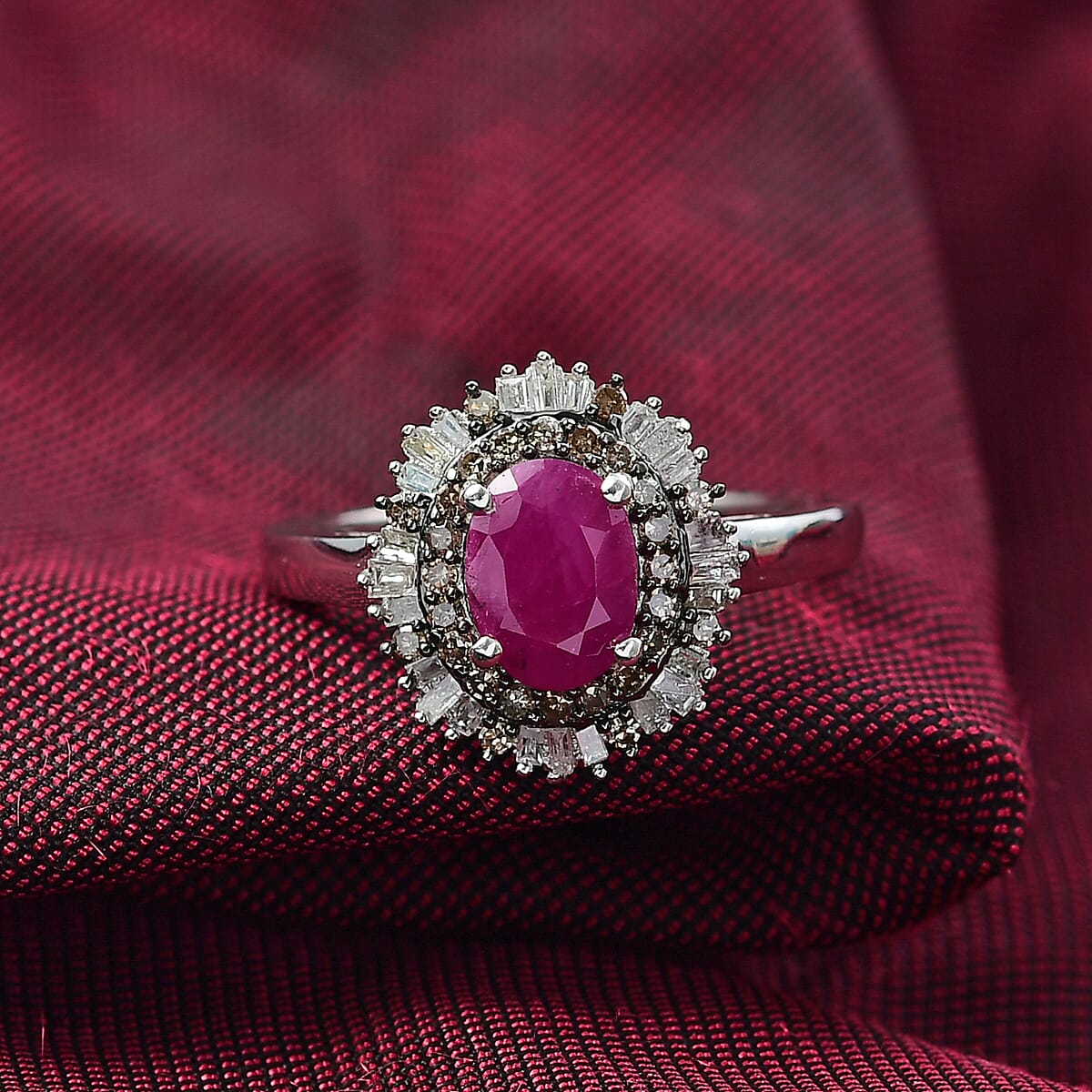 D'Joy Royal Ruby, Natural Champagne and White Diamond 1.25 ctw Ring in Rhodium Over Sterling Silver (Size 7.0) image number 1