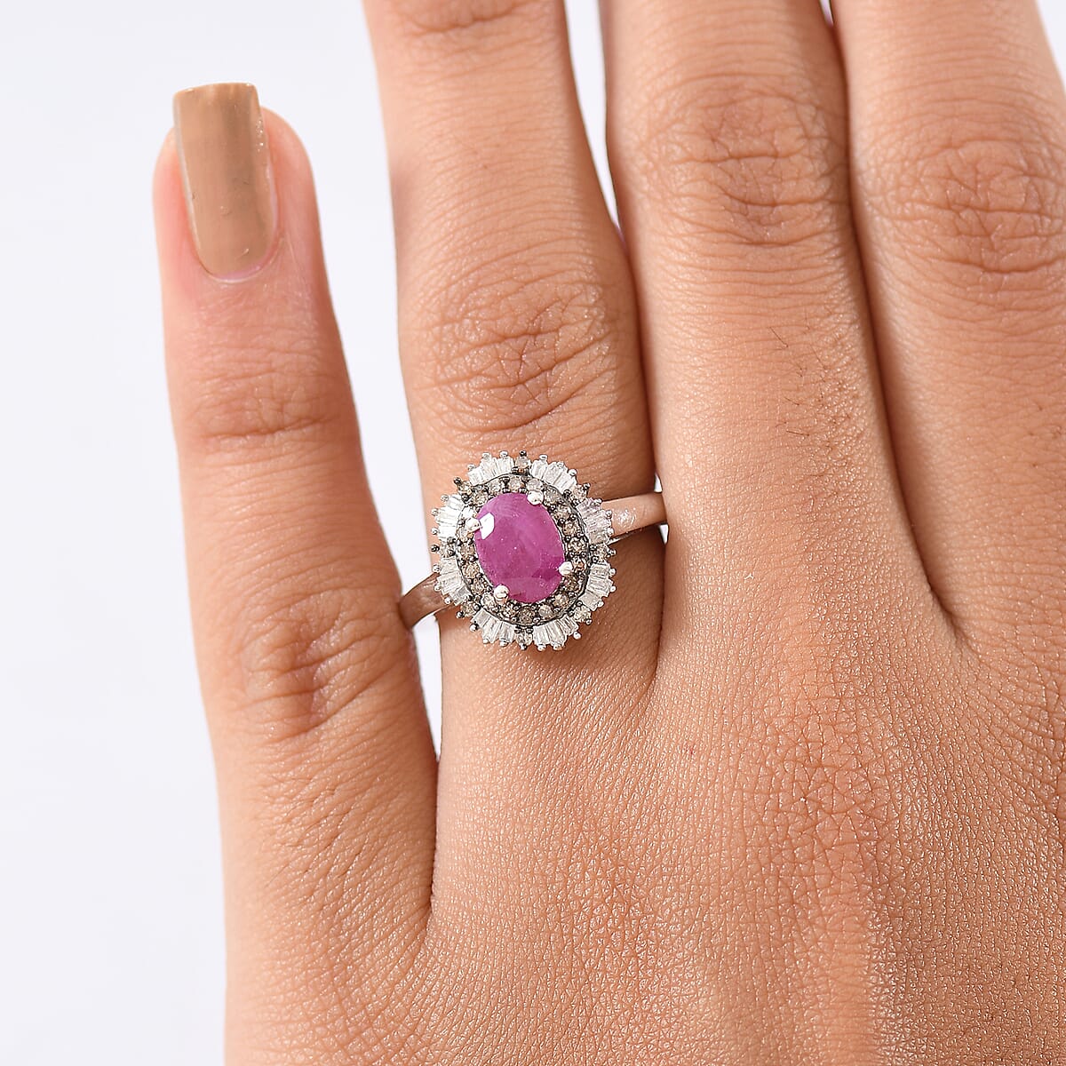 D'Joy Royal Ruby, Natural Champagne and White Diamond 1.25 ctw Ring in Rhodium Over Sterling Silver (Size 7.0) image number 2