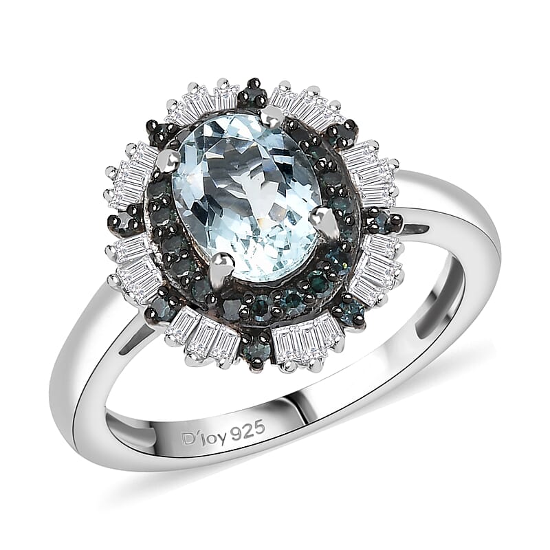 D'Joy Mangoro Aquamarine, Blue Diamond, Diamond Sunburst Ring in Rhodium Over Sterling Silver 1.50 ctw (Size 10.0)