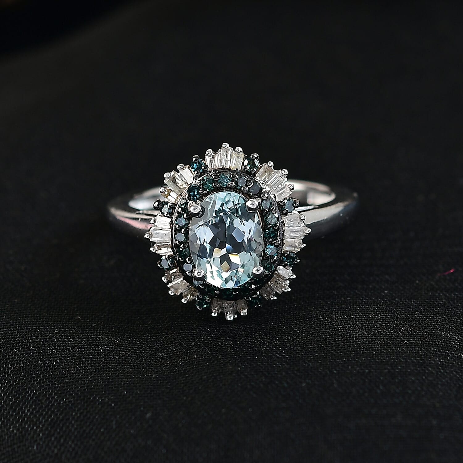 D'Joy Mangoro Aquamarine, Blue Diamond, Diamond Sunburst Ring in Rhodium Over Sterling Silver 1.50 ctw (Size 10.0)
