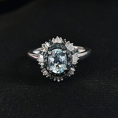 D'Joy Mangoro Aquamarine, Blue Diamond, Diamond Sunburst Ring in Rhodium Over Sterling Silver 1.50 ctw (Size 10.0)
