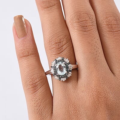 D'Joy Mangoro Aquamarine, Blue Diamond, Diamond Sunburst Ring in Rhodium Over Sterling Silver 1.50 ctw (Size 10.0)