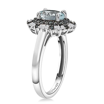 D'Joy Mangoro Aquamarine, Blue Diamond, Diamond Sunburst Ring in Rhodium Over Sterling Silver 1.50 ctw (Size 10.0)