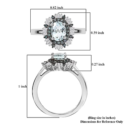D'Joy Mangoro Aquamarine, Blue Diamond, Diamond Sunburst Ring in Rhodium Over Sterling Silver 1.50 ctw (Size 10.0)