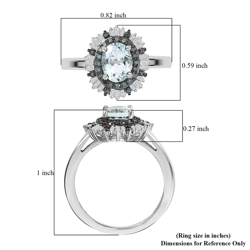 D'Joy Mangoro Aquamarine, Blue Diamond, Diamond Sunburst Ring in Rhodium Over Sterling Silver 1.50 ctw (Size 10.0)