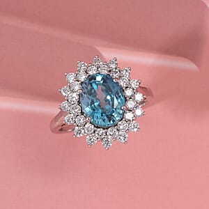 AAA Cambodian Blue Zircon and G-H SI Luxuriant Lab Grown Diamond 5.30 ctw Sea Radiance Ring in 10K White Gold (Size 5.0)