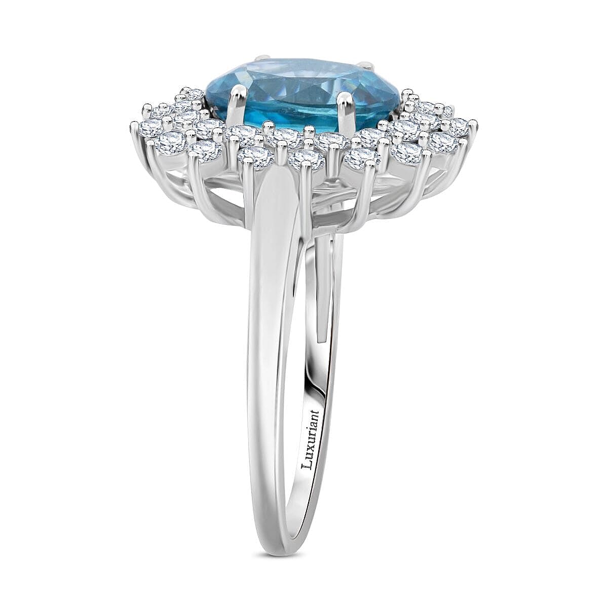 AAA Cambodian Blue Zircon and G-H SI Luxuriant Lab Grown Diamond 5.30 ctw Sea Radiance Ring in 10K White Gold (Size 6.5) image number 3