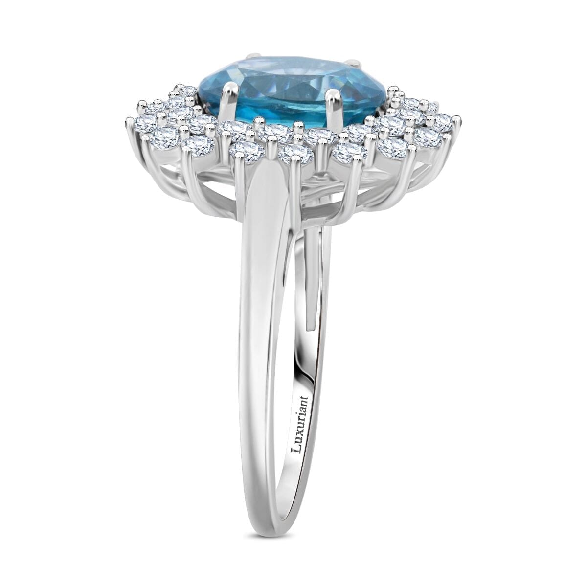AAA Cambodian Blue Zircon and G-H SI Luxuriant Lab Grown Diamond 5.30 ctw Sea Radiance Ring in 10K White Gold (Size 11.5) image number 3