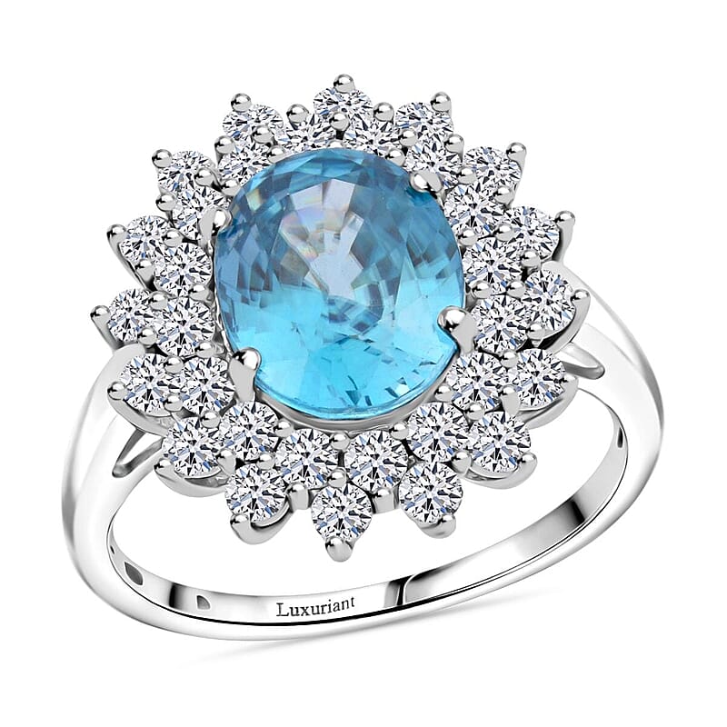 AAA Cambodian Blue Zircon and G-H SI Luxuriant Lab Grown Diamond 5.30 ctw Sea Radiance Ring in 10K White Gold (Size 12.0)