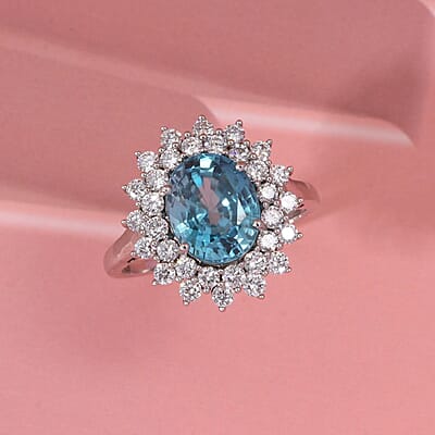 AAA Cambodian Blue Zircon and G-H SI Luxuriant Lab Grown Diamond 5.30 ctw Sea Radiance Ring in 10K White Gold (Size 12.0)