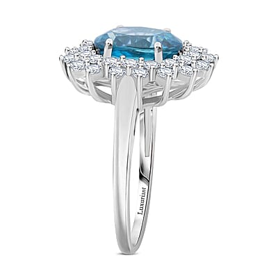 AAA Cambodian Blue Zircon and G-H SI Luxuriant Lab Grown Diamond 5.30 ctw Sea Radiance Ring in 10K White Gold (Size 12.0)