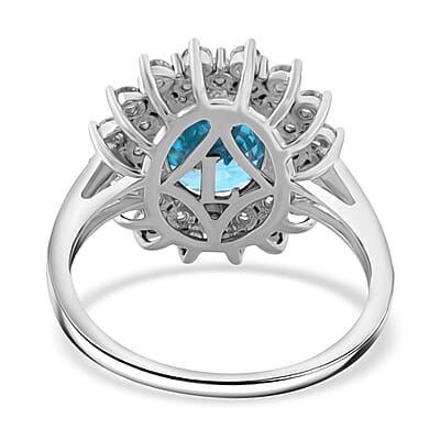 AAA Cambodian Blue Zircon and G-H SI Luxuriant Lab Grown Diamond 5.30 ctw Sea Radiance Ring in 10K White Gold (Size 12.0)