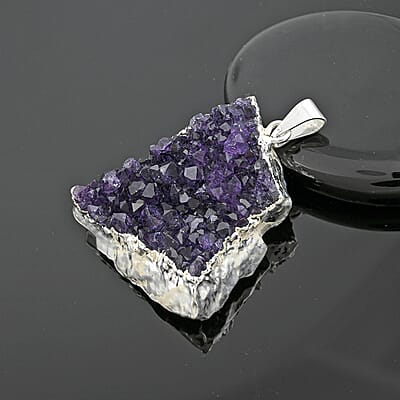 Purple Amethyst Druzy 45.00 ctw Pendant without Chain in Silvertone
