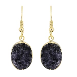 Purple Amethyst Druzy 16.00 ctw Oval Earrings in Goldtone