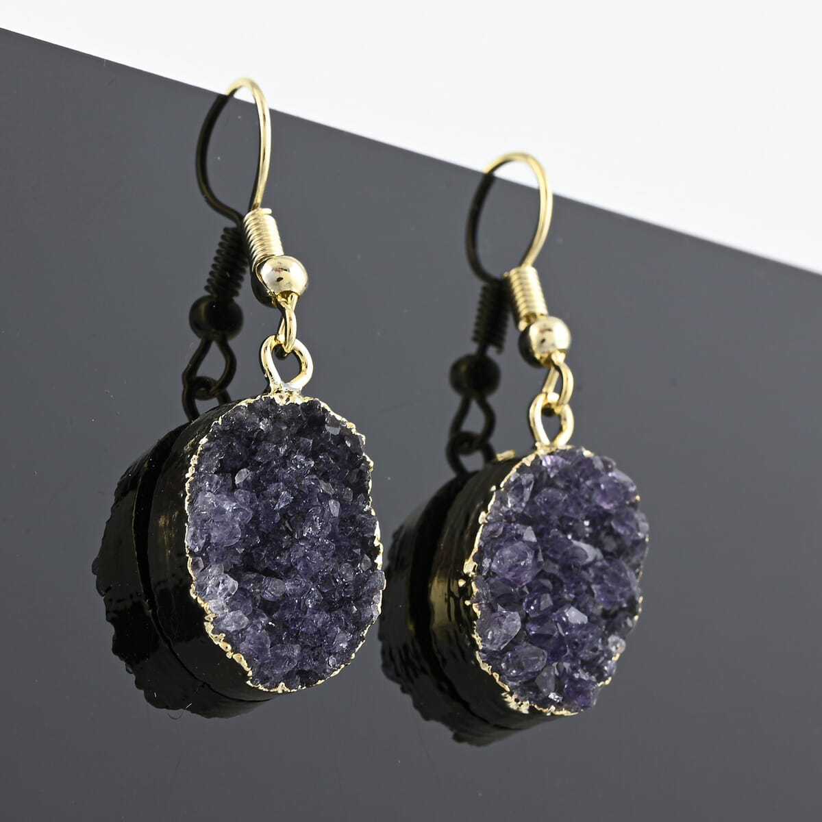 Purple Amethyst Druzy 16.00 ctw Oval Earrings in Goldtone image number 1