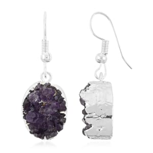 Purple Amethyst Druzy 20.00 ctw Oval Earrings in Silvertone