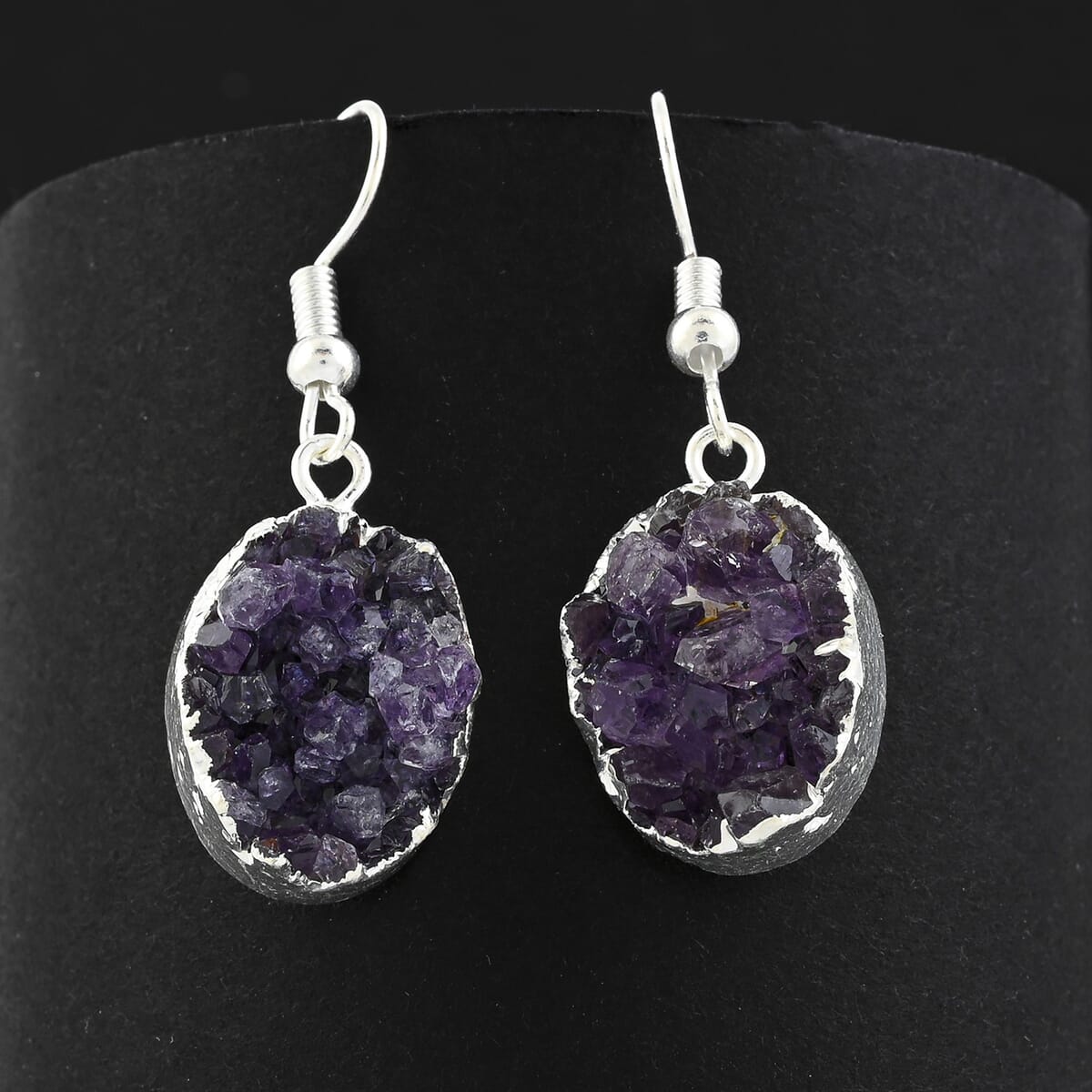 Purple Amethyst Druzy 20.00 ctw Oval Earrings in Silvertone image number 1