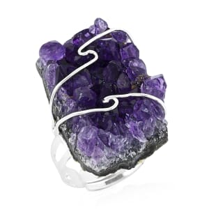 Purple Amethyst Druzy 56.00 ctw Ring in Silvertone (Adjustable)