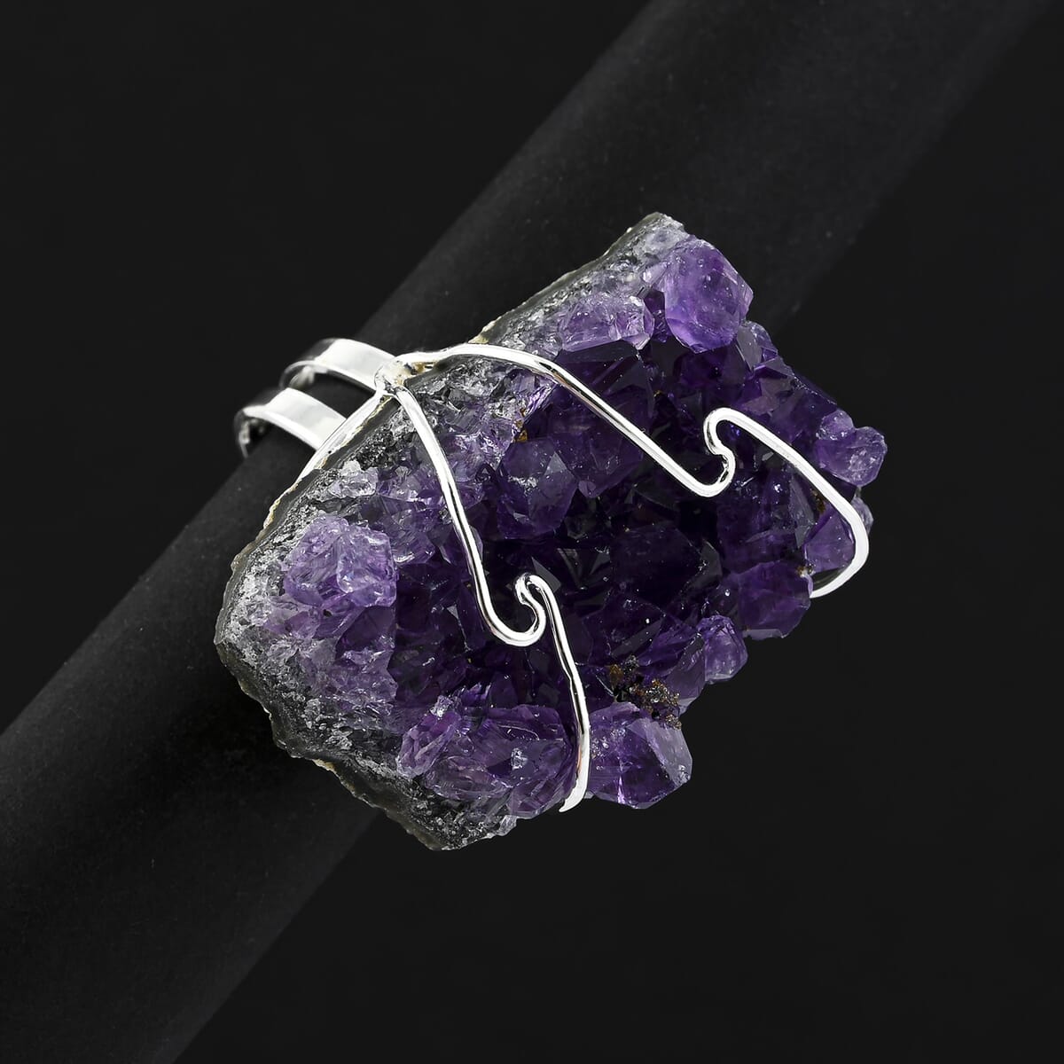 Purple Amethyst Druzy 56.00 ctw Ring in Silvertone (Adjustable) image number 1
