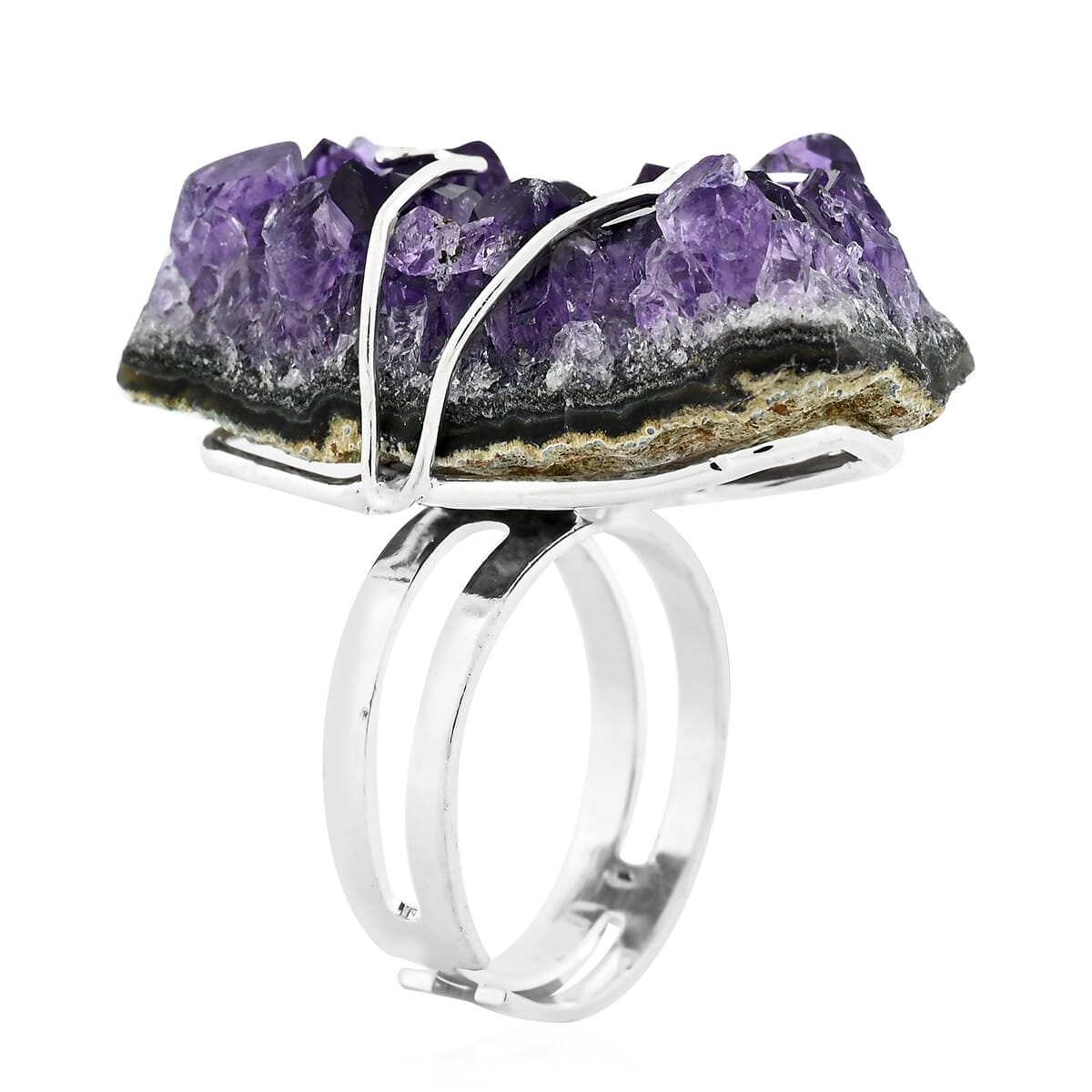 Purple Amethyst Druzy 56.00 ctw Ring in Silvertone (Adjustable) image number 3