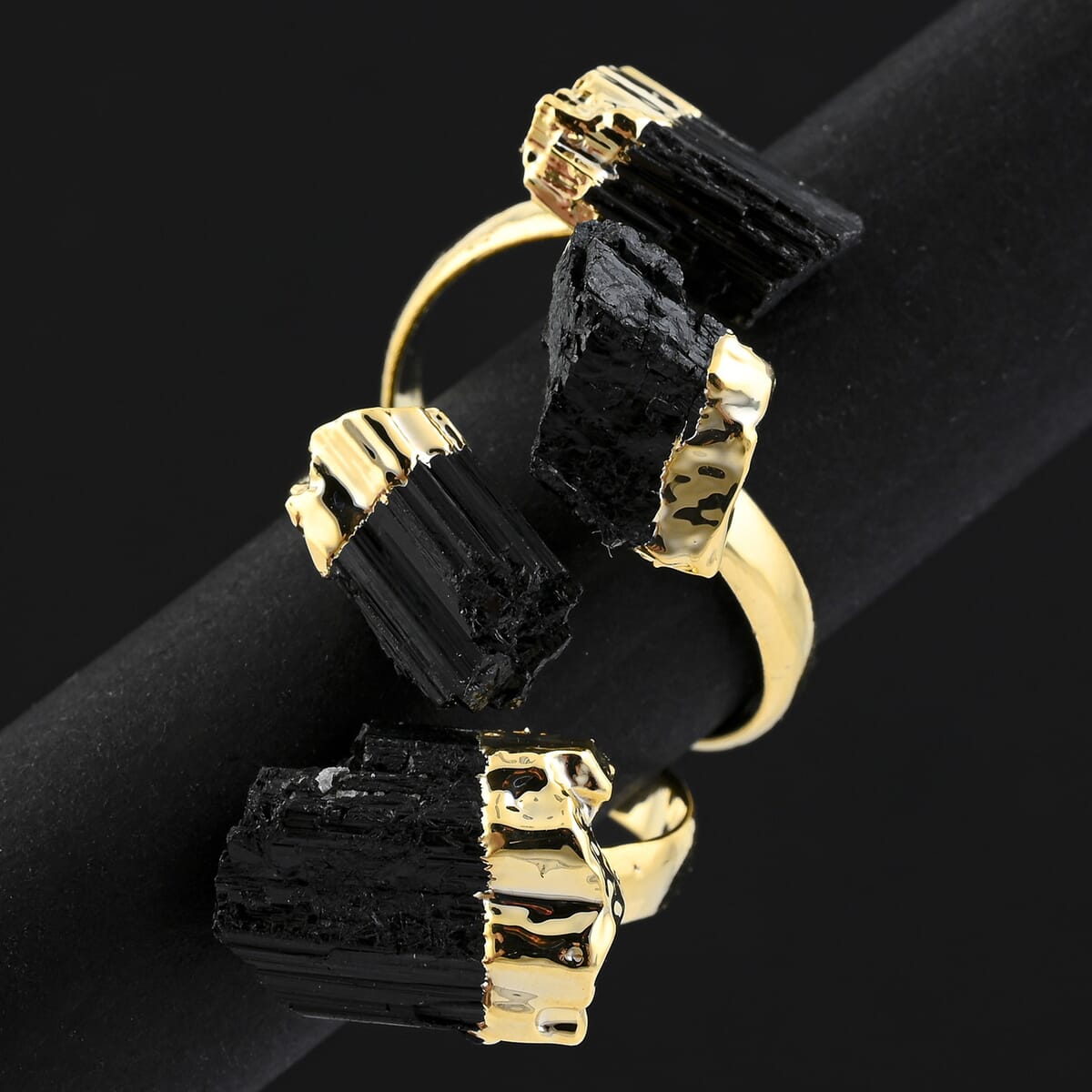 Black Tourmaline 15.00 ctw 4 Stone Ring in Goldtone (Adjustable) image number 1