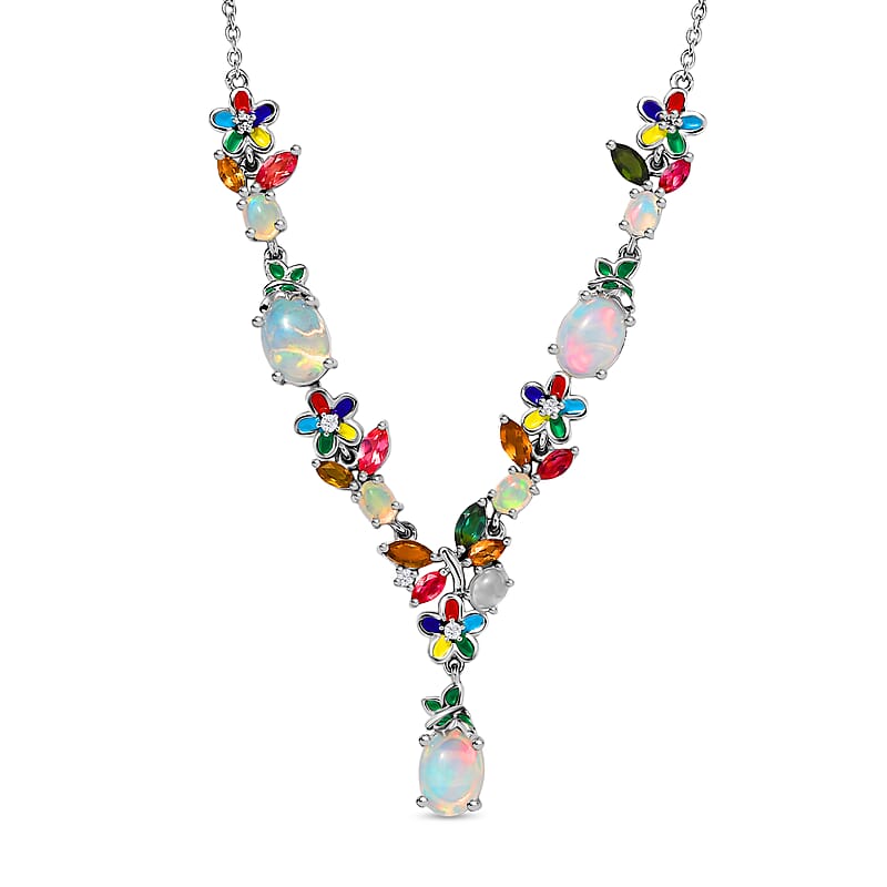 D’Joy Premium Ethiopian Welo Opal and Mulit Gemstone 4.30 ctw Necklace in Rhodium Over Sterling Silver 18 Inches 