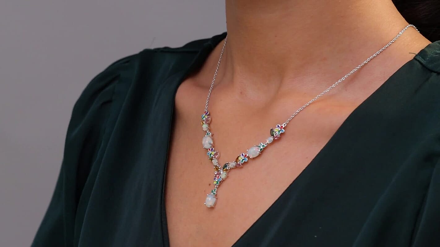 D’Joy Premium Ethiopian Welo Opal and Mulit Gemstone 4.30 ctw Necklace in Rhodium Over Sterling Silver 18 Inches