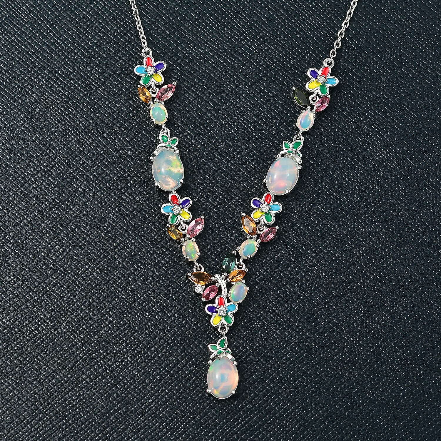 D’Joy Premium Ethiopian Welo Opal and Mulit Gemstone 4.30 ctw Necklace in Rhodium Over Sterling Silver 18 Inches 