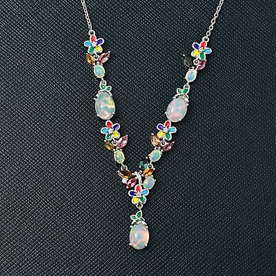 D’Joy Premium Ethiopian Welo Opal and Mulit Gemstone 4.30 ctw Necklace in Rhodium Over Sterling Silver 18 Inches 