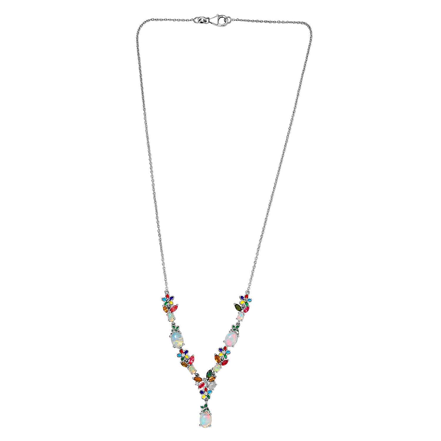 D’Joy Premium Ethiopian Welo Opal and Mulit Gemstone 4.30 ctw Necklace in Rhodium Over Sterling Silver 18 Inches 