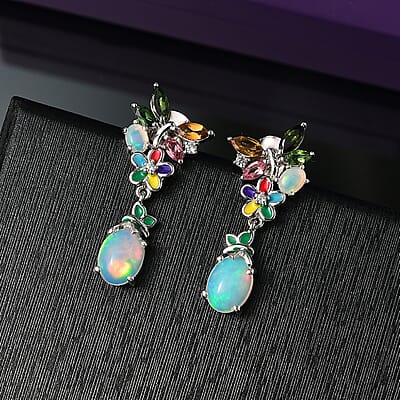 DJoy Premium Ethiopian Welo Opal and Multi Gemstone 2.70 ctw Earrings in Rhodium Over Sterling Silver