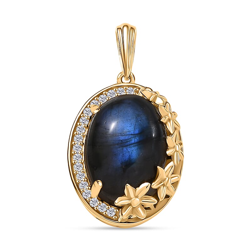 EverTrue Malagasy Labradorite and White Zircon 7.10 ctw Floral Pendant without Chain in 18K YG Plated