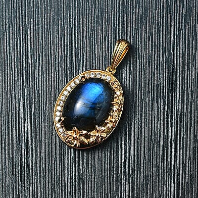 EverTrue Malagasy Labradorite and White Zircon 7.10 ctw Floral Pendant without Chain in 18K YG Plated