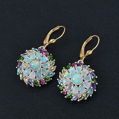 D'Joy Ethiopian Welo Opal and Multi Gemstone 6.20 ctw Iridescent Mirage Lever Back Earrings in 18K Vermeil YG and Rhodium Over Sterling Silver 