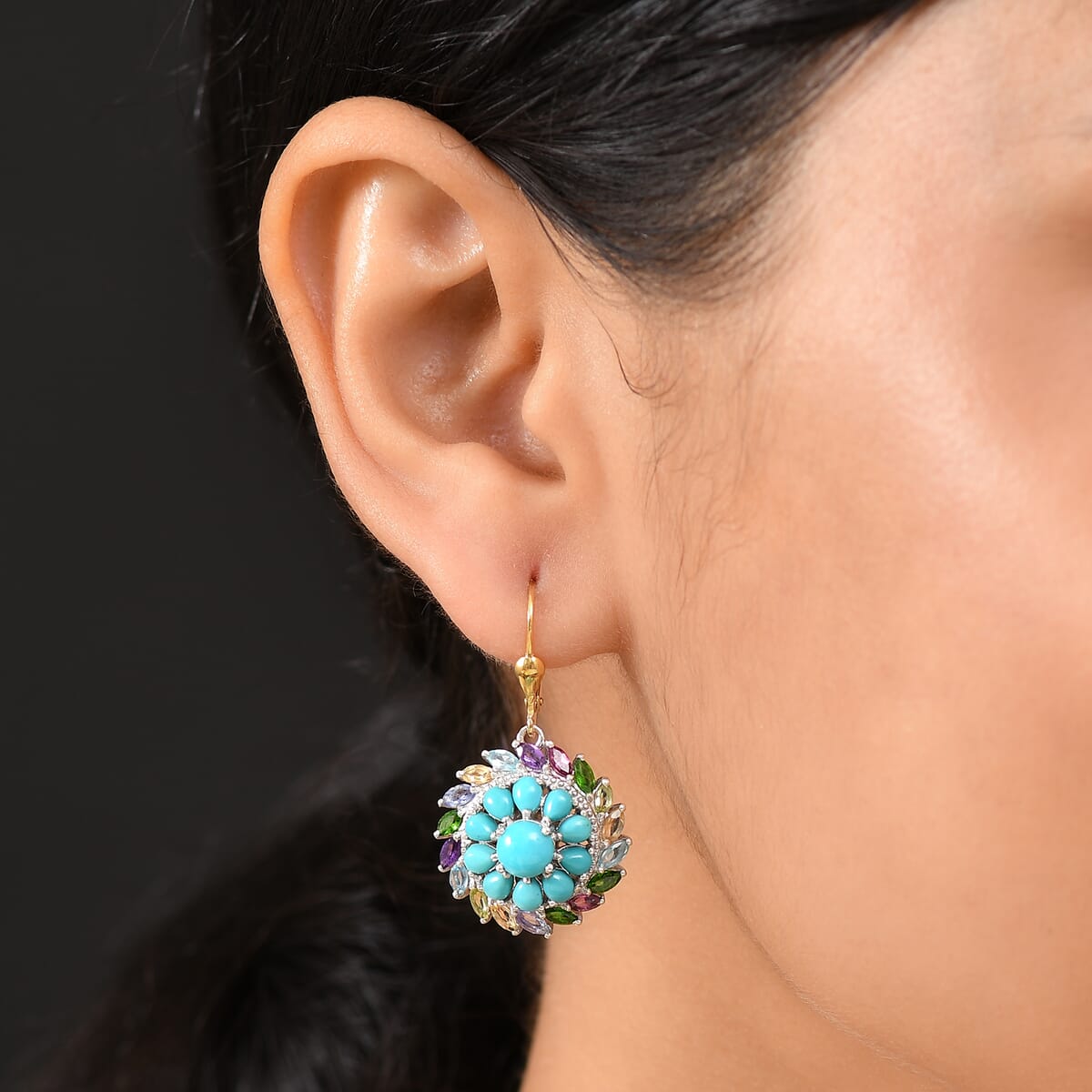 D’Joy Sleeping Beauty Turquoise and Multi Gemstone 6.60 ctw Earrings in 18K Vermeil YG and Rhodium Over Sterling Silver image number 2