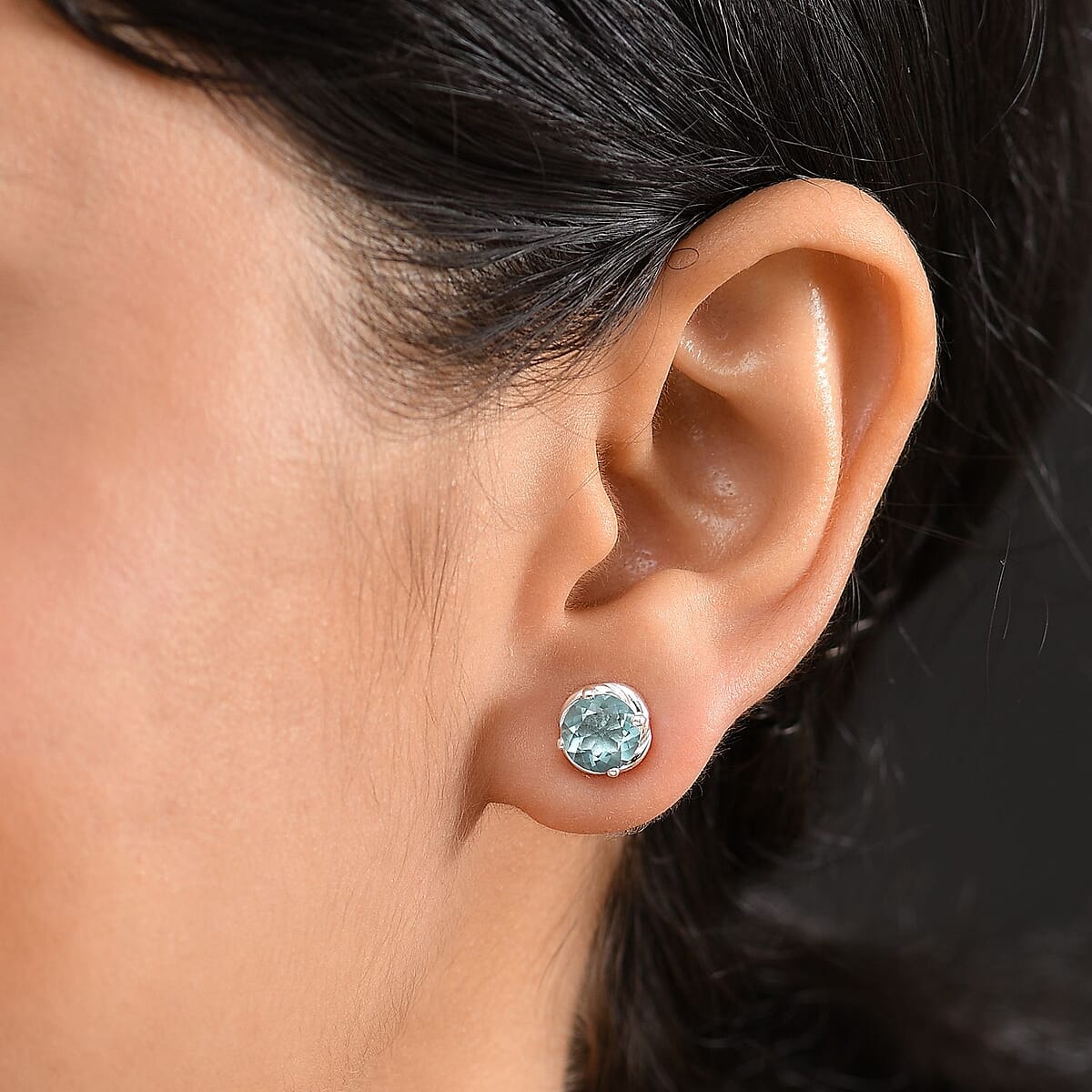 D'Joy Belgian Teal Fluorite 3.00 ctw Solitaire Stud Earrings in Sterling Silver image number 2