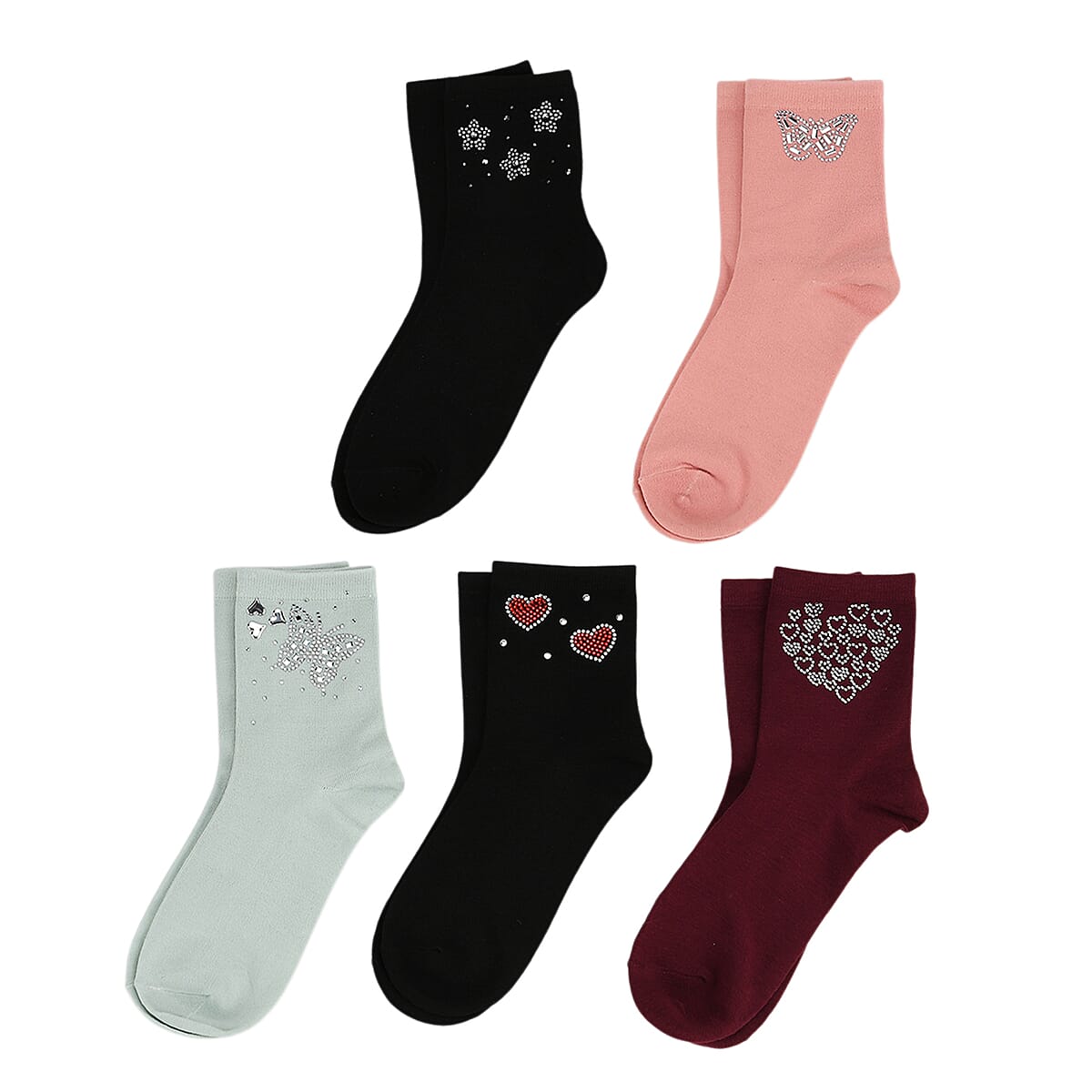 Tamsy Multi Color Crystal Butterfly and Heart 5pairs Ankle Socks image number 0