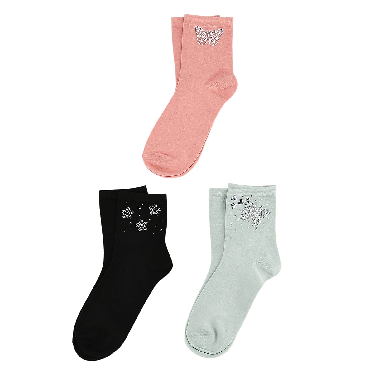 Tamsy Multi Color Crystal Butterfly and Heart 5pairs Ankle Socks image number 3