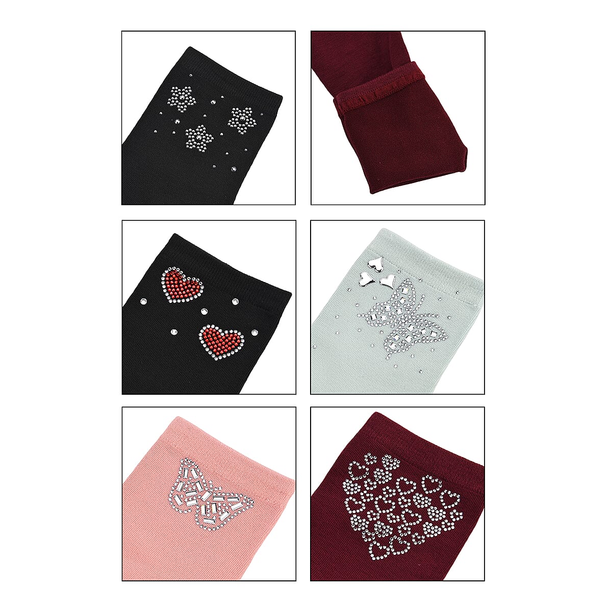 Tamsy Multi Color Crystal Butterfly and Heart 5pairs Ankle Socks image number 4